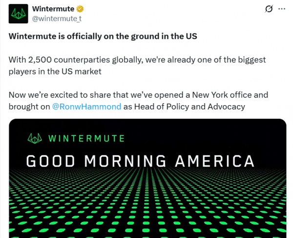 Wintermute открывает в Нью -Йорк офис, ссылаясь на улучшенные правила криптовалюты США
