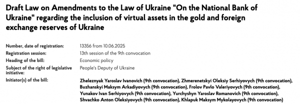 Законодатели Украины вводят законопроект о резерве актива криптовалюты