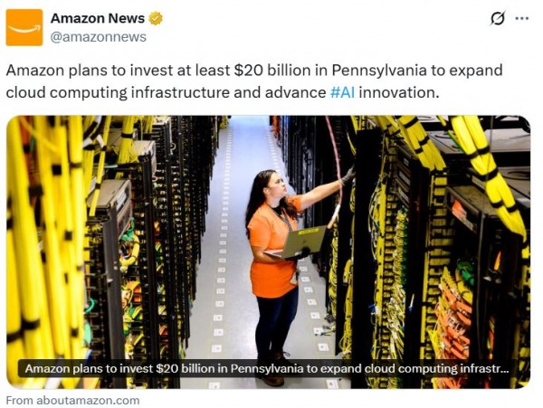 Amazon расширяет инфраструктуру ИИ за 20 млрд долларов США. Amazon расширяет инфраструктуру ИИ за 20 млрд долларов США.