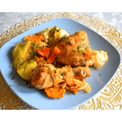 Рецепт: Куриные окорочка с овощами, запеченные в рукаве, в маринаде с виноградным уксусом - с сиропом топинамбура