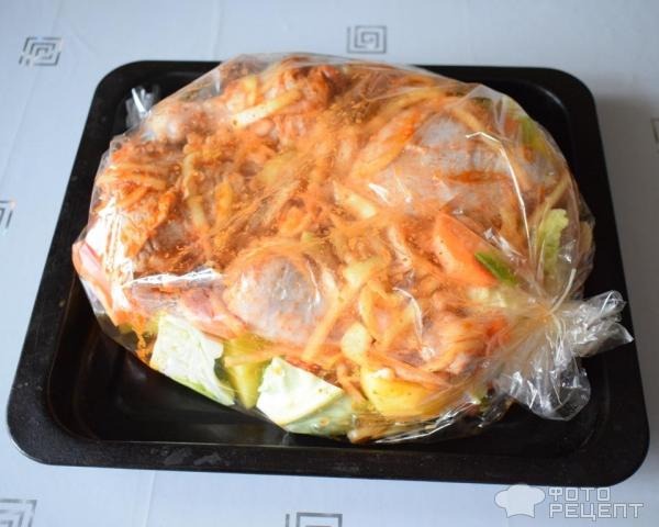 Рецепт: Куриные окорочка с овощами, запеченные в рукаве, в маринаде с виноградным уксусом - с сиропом топинамбура