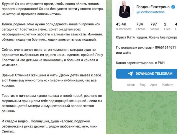 Екатерина Гордон заступилась за Елену Товстик, с которой муж требует алименты
